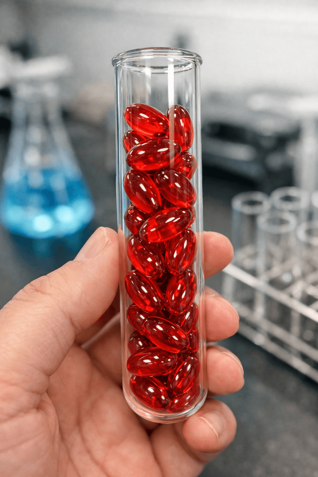 Red medical capsules in a laboratory test tube